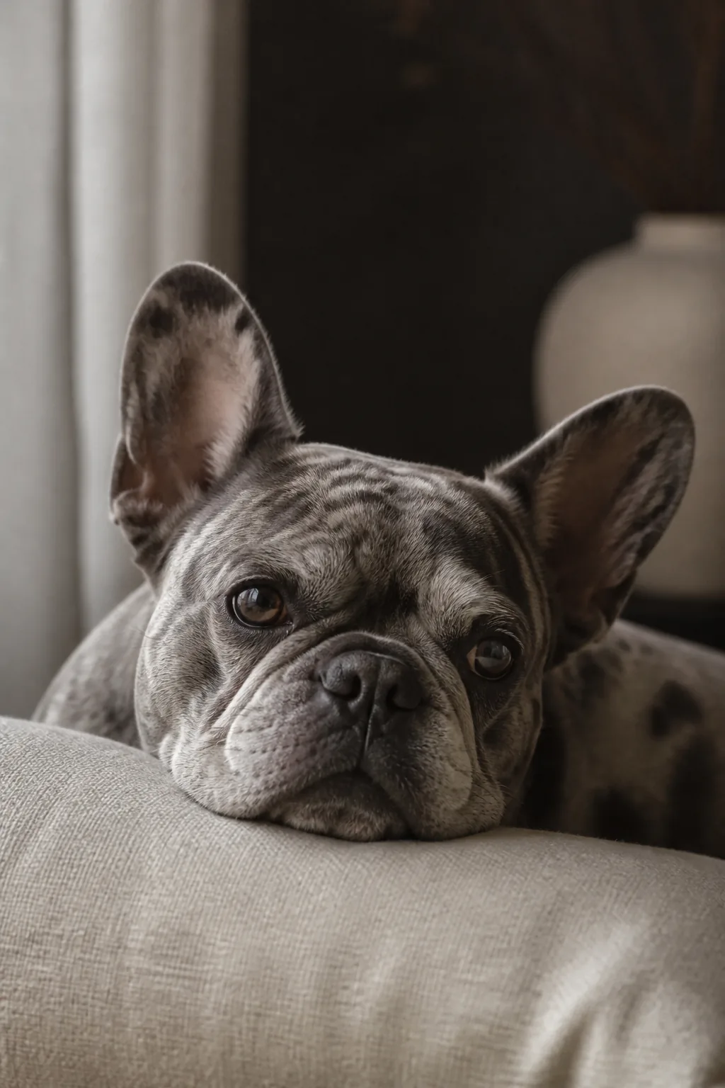 A merle French Bulldog with a greying muzzle resting her chin on a cream cushion