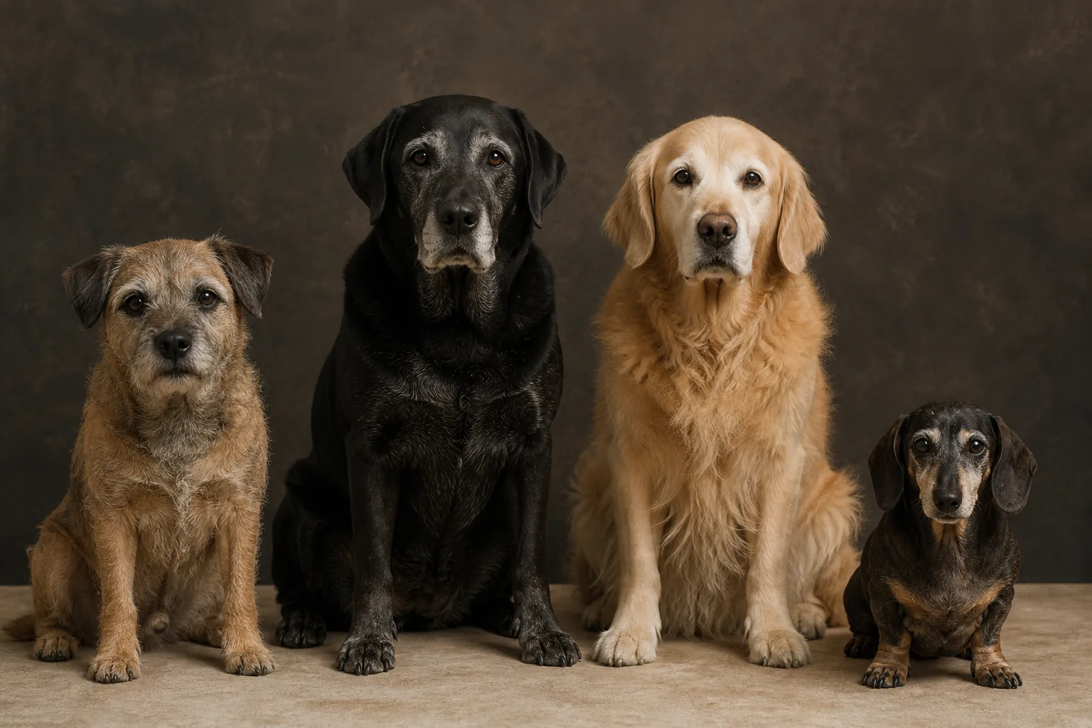 Four senior dogs of different breeds sitting in a row