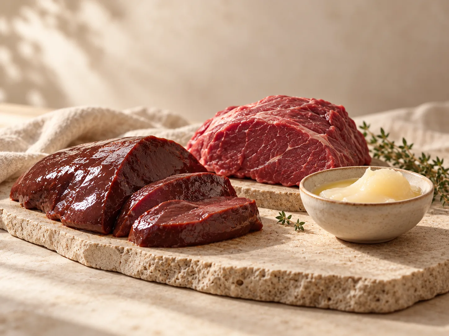 Beef liver, beef muscle and a dish of tallow on a stone board