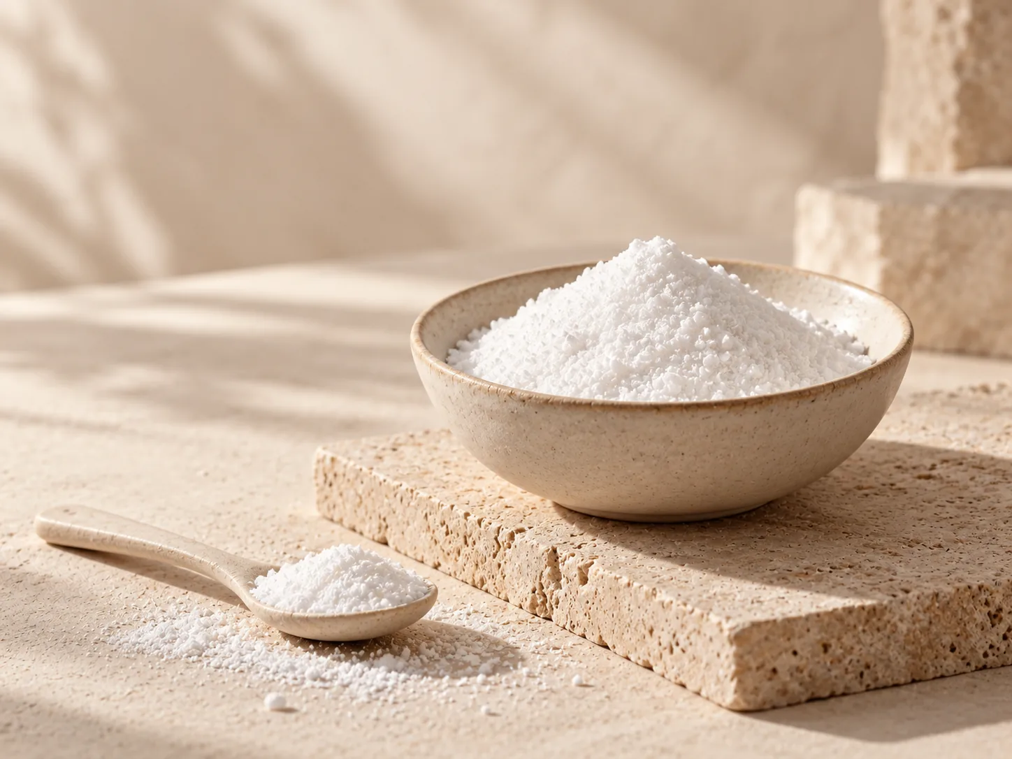 Crystalline white powder in a bowl and on a spoon