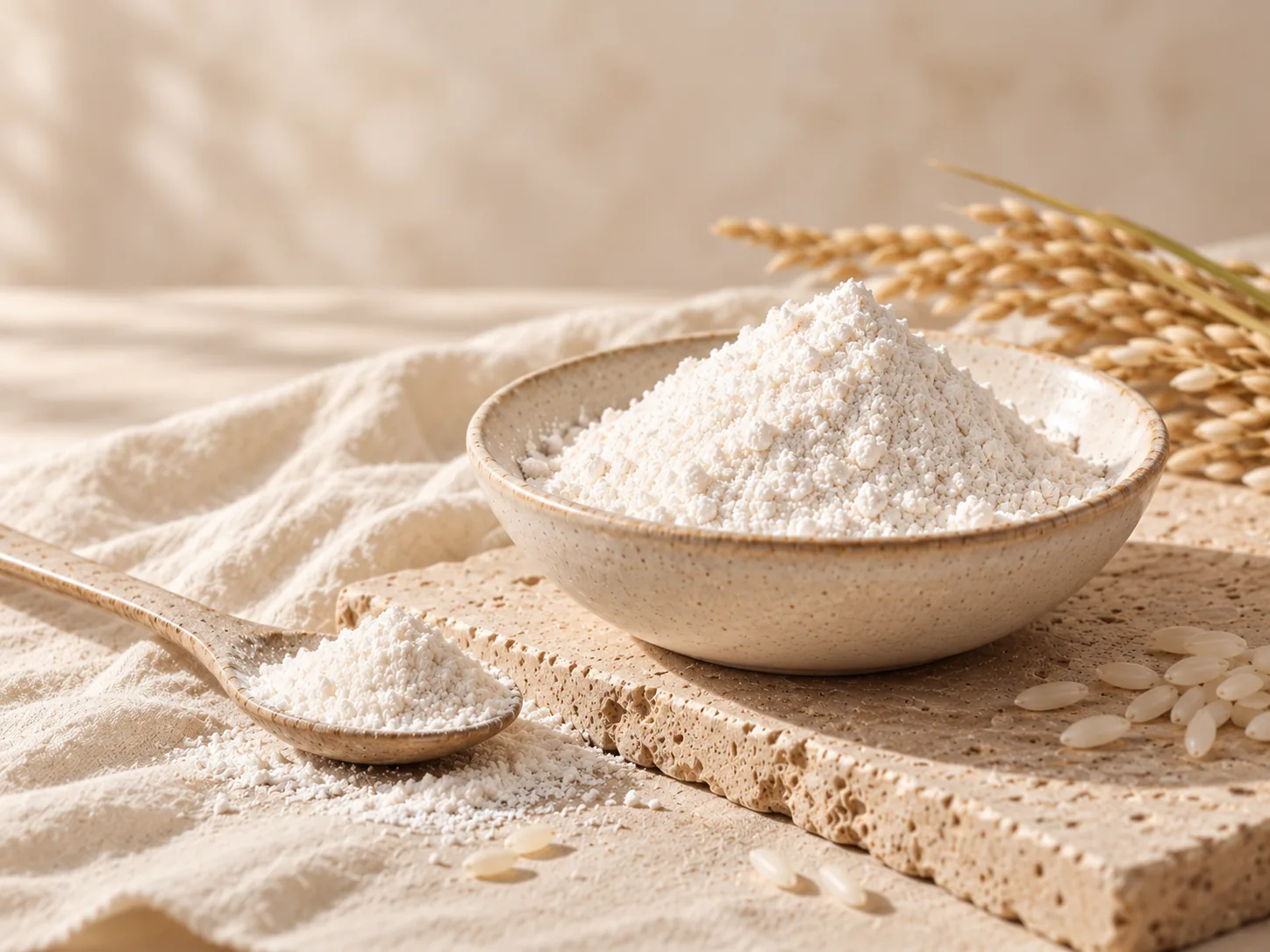 Glucosamine powder in a ceramic bowl with a spoon