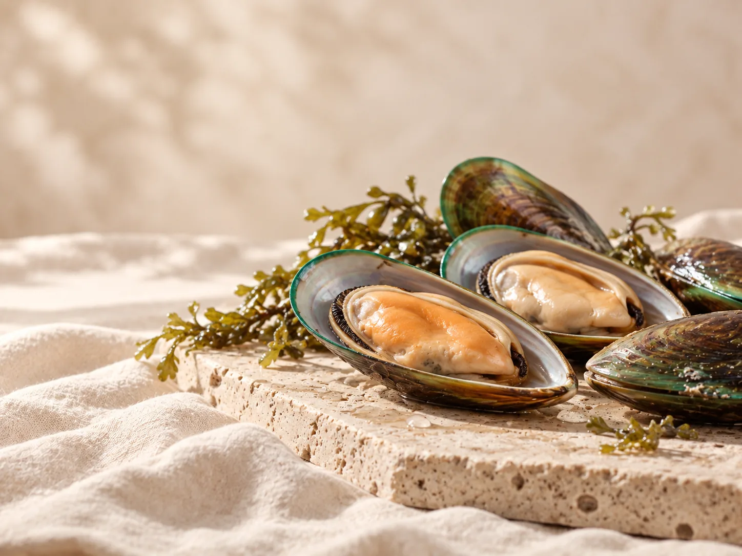 Green-lipped mussels on a stone board