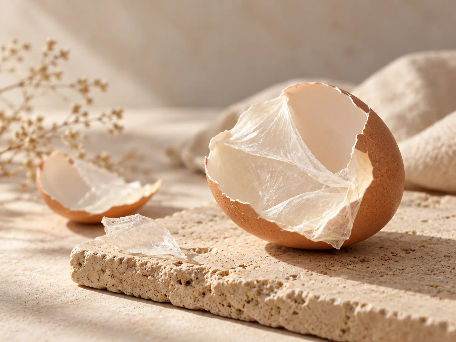 A cracked eggshell showing its inner membrane