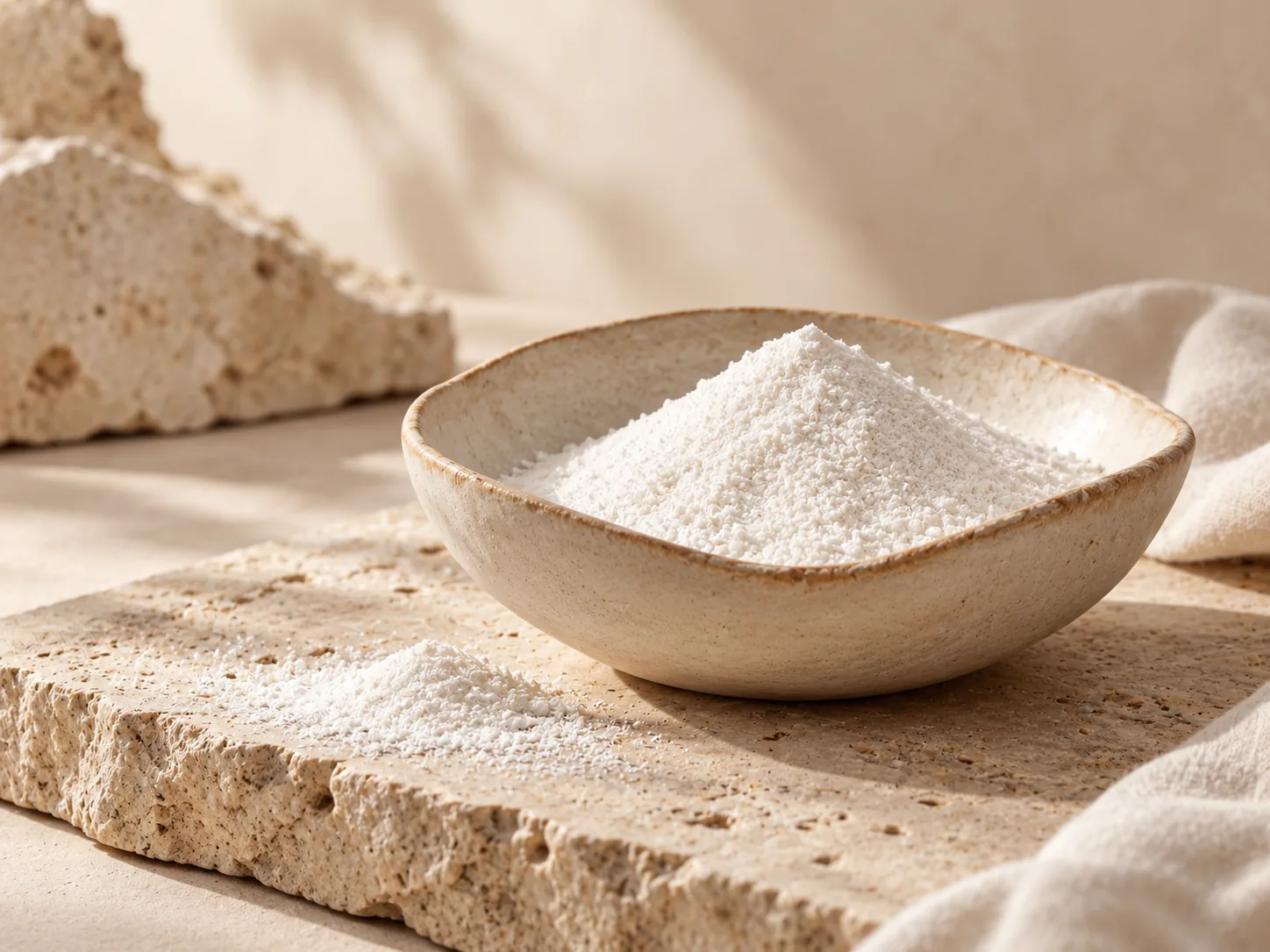 A bowl of fine white powder on stone