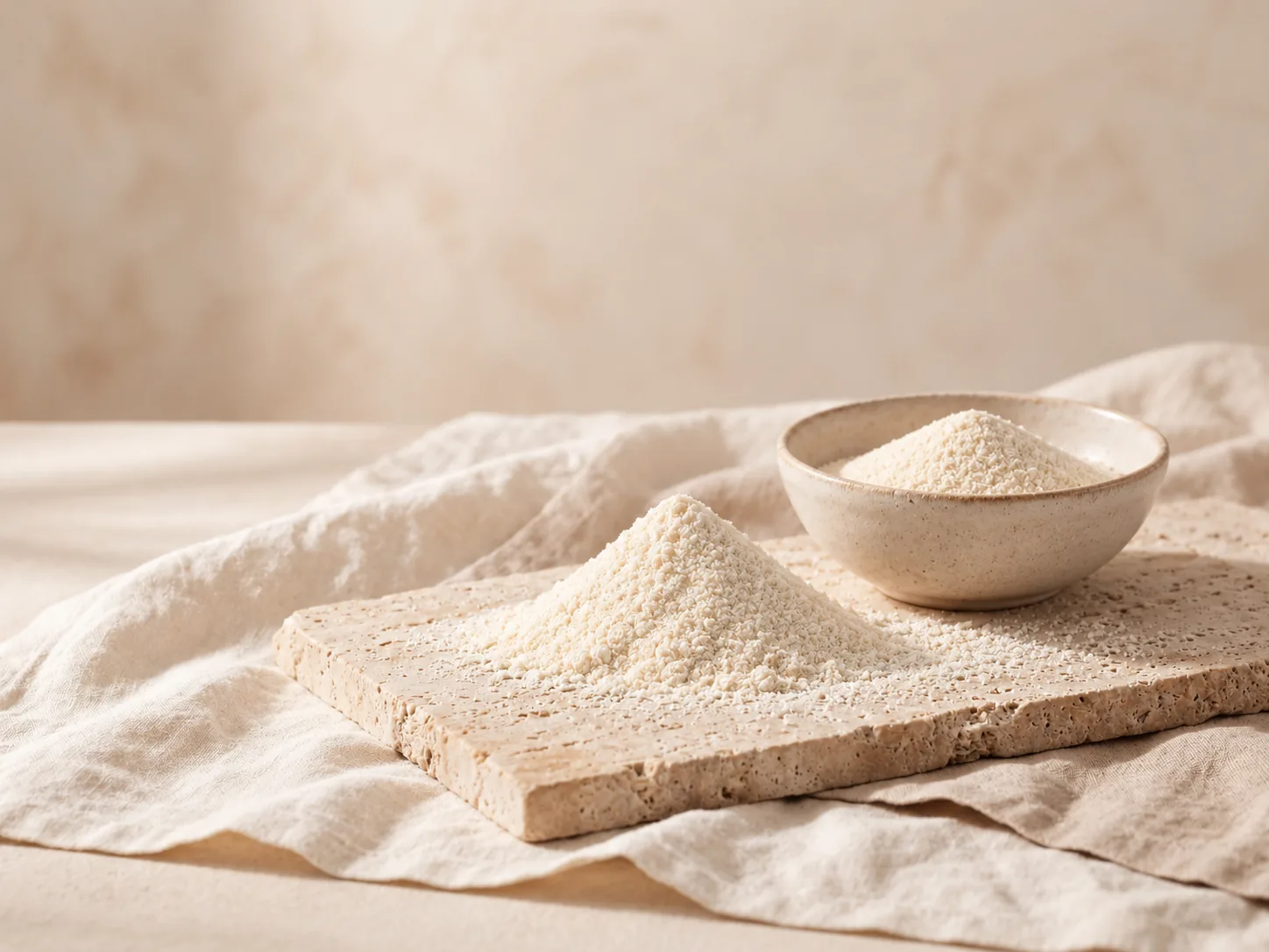 Fine powder on linen with a small ceramic bowl