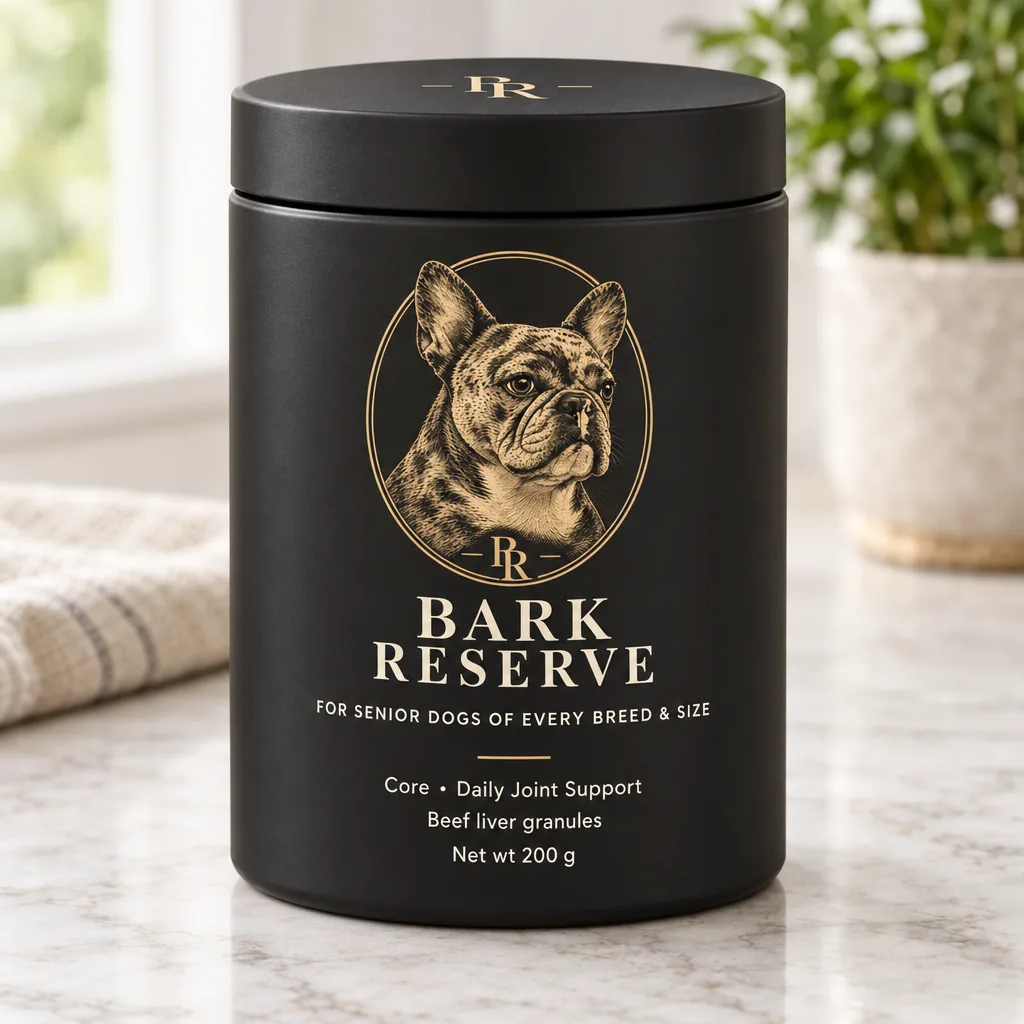 BarkReserve Core charcoal canister with champagne-gold French Bulldog crest on a stone counter