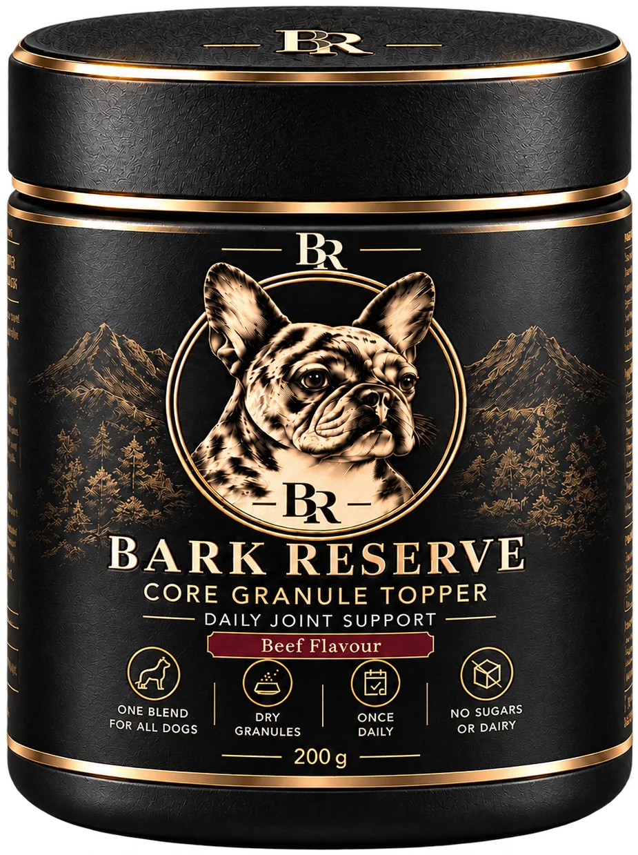 BarkReserve Core jar, black with a gold French Bulldog crest