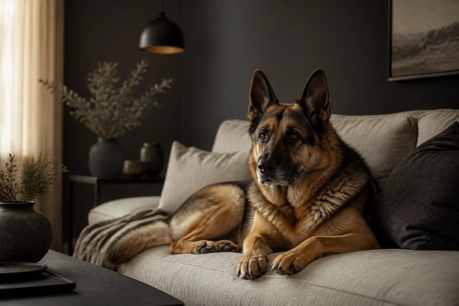 A senior German Shepherd resting on a cream sofa