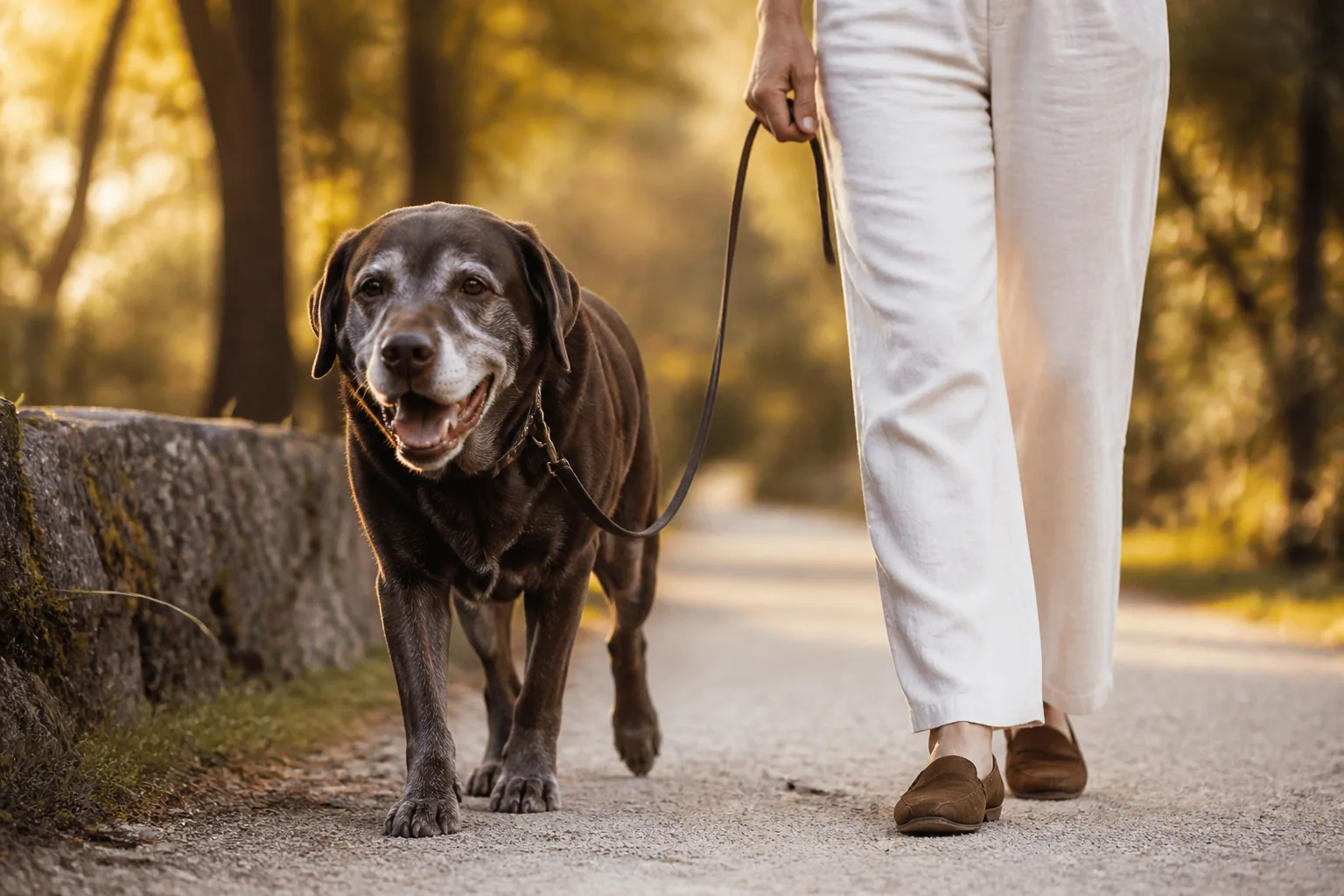 Grey-muzzled Labrador walking easily beside its owner on a morning path