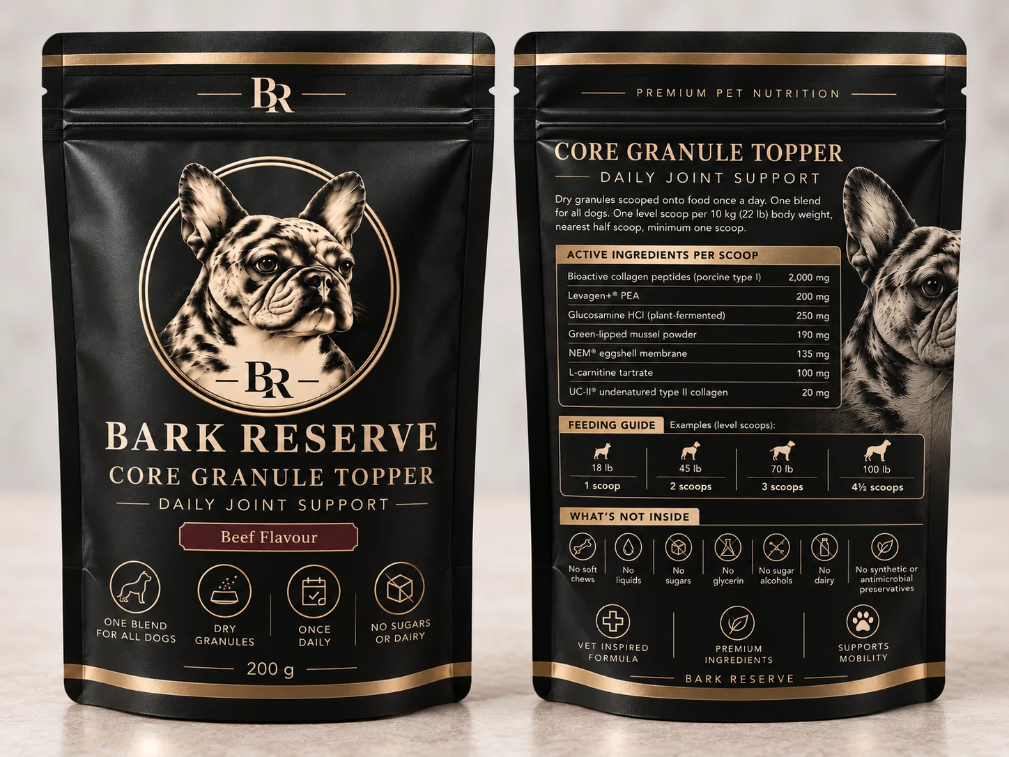 BarkReserve refill pouch, front and back, on a stone surface