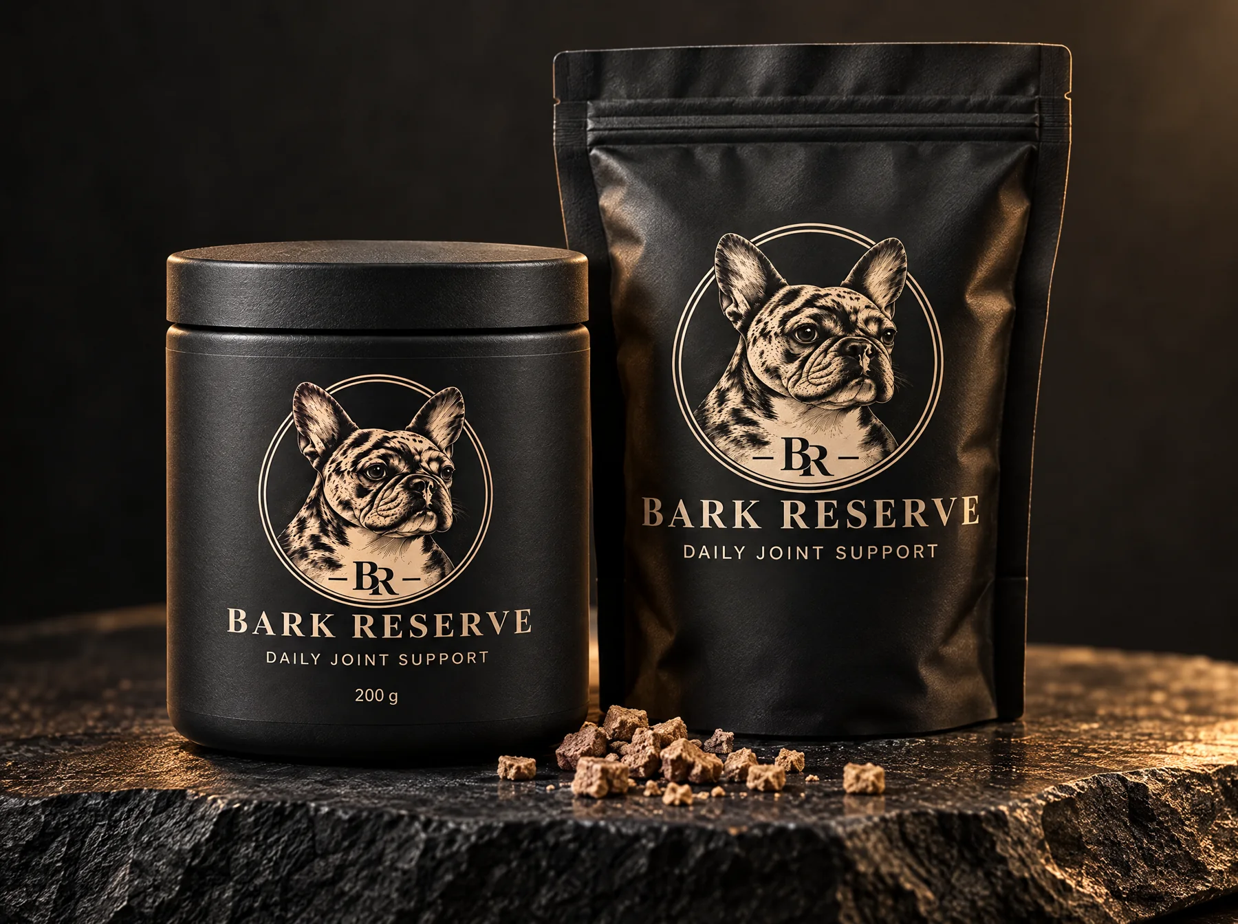 BarkReserve canister and refill pouch on a stone slab