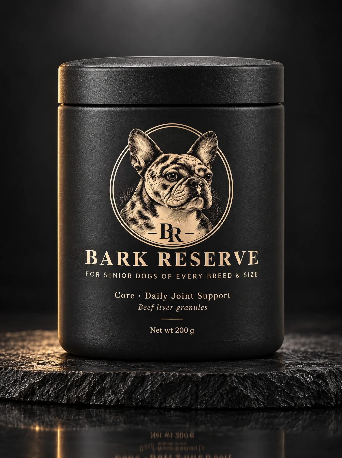 BarkReserve Core canister on a charcoal stone slab