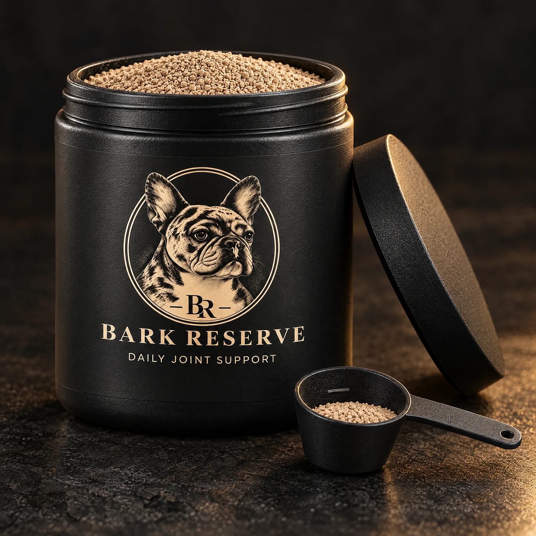 BarkReserve Core canister with the lid off, full of beef-liver granules, scoop beside it