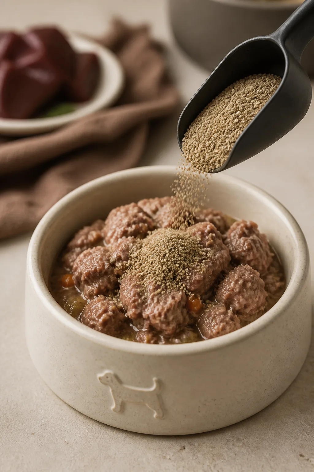 A scoop of beef-liver granules being sprinkled over a bowl of dog food
