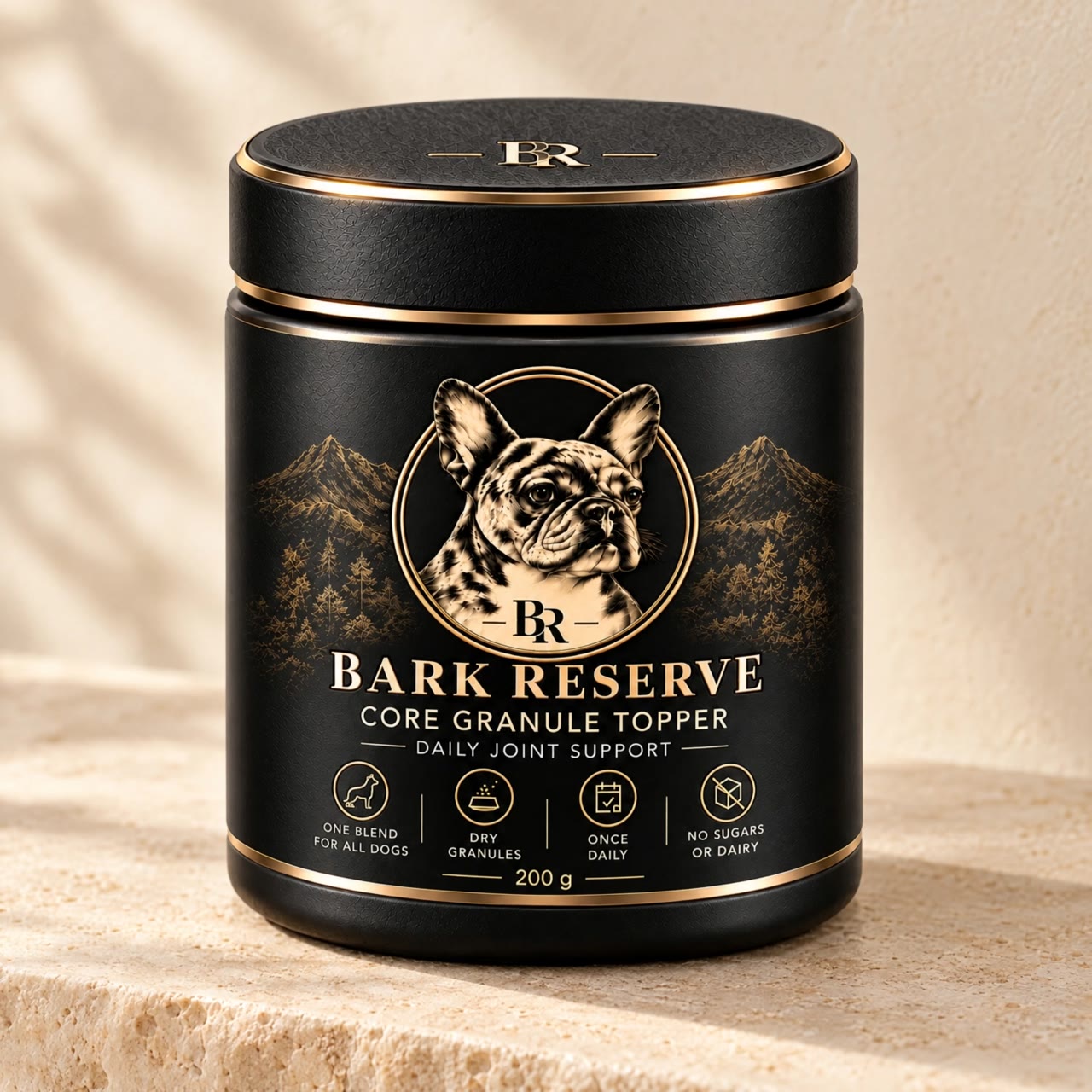 BarkReserve Core jar, black with a gold French Bulldog crest, on stone